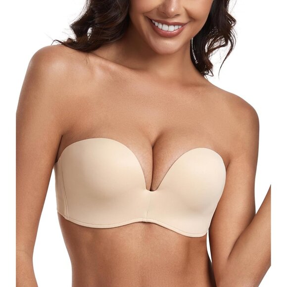 Women's Beige Strapless Bra Push Up Anti-slip Support Lift Up Wire-free Bra - Picture 3 of 7
